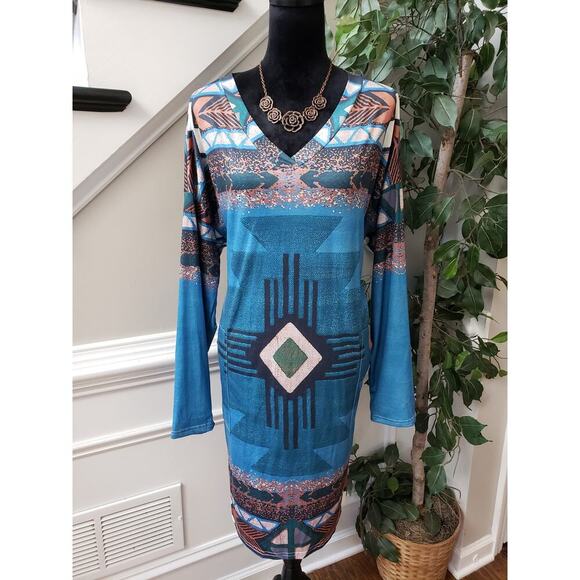 A-Line Dress Women's 2XL Blue Geo Print Stretch Long Sleeve V Neck Side Pockets - Picture 2 of 13